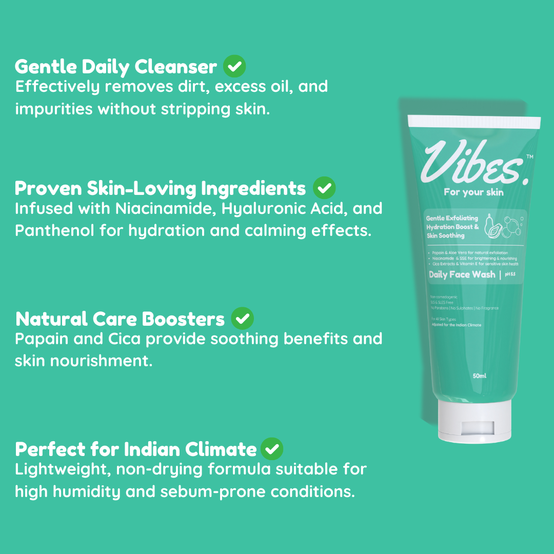 Vibes. For your skin Gentle Exfoliating Daily Face Wash with Papain Extracts and Niacinamide.