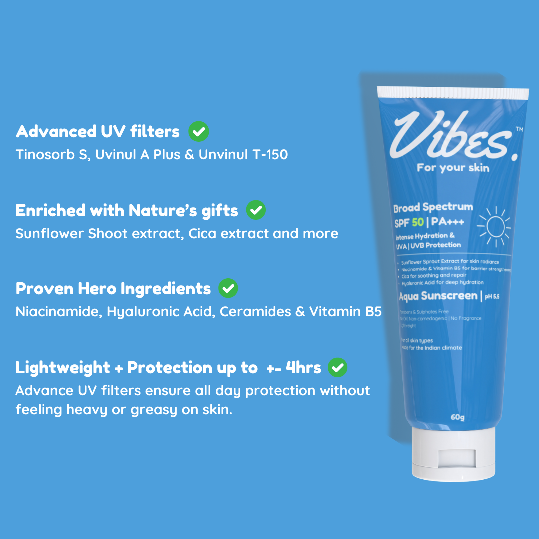 Vibes.For your skin SPF 50 PA+++ Sunscreen Gel with Sunflower Shoot Extract, Niacinamide and Cica